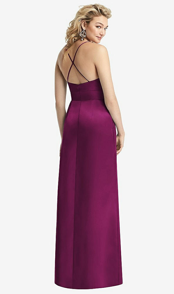 Back View - Merlot Pleated Skirt Satin Maxi Dress with Pockets