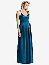 Front View Thumbnail - Ocean Blue Pleated Skirt Satin Maxi Dress with Pockets