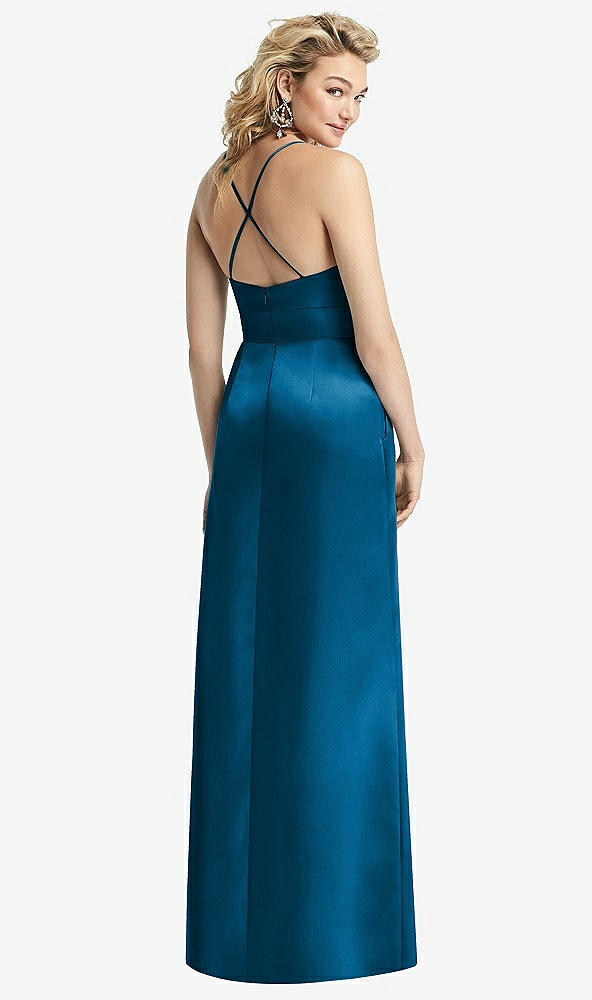 Back View - Ocean Blue Pleated Skirt Satin Maxi Dress with Pockets