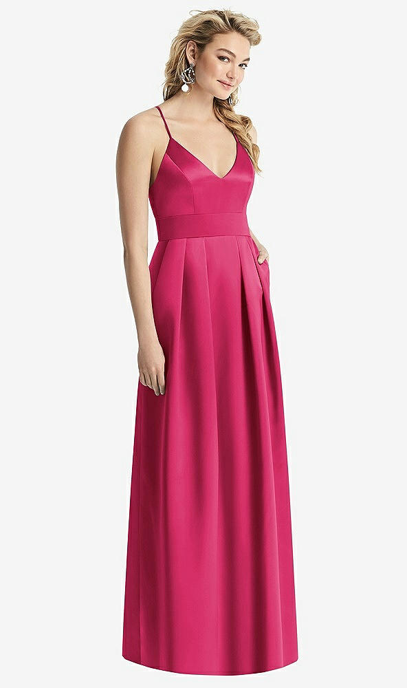 Front View - Posie Pleated Skirt Satin Maxi Dress with Pockets