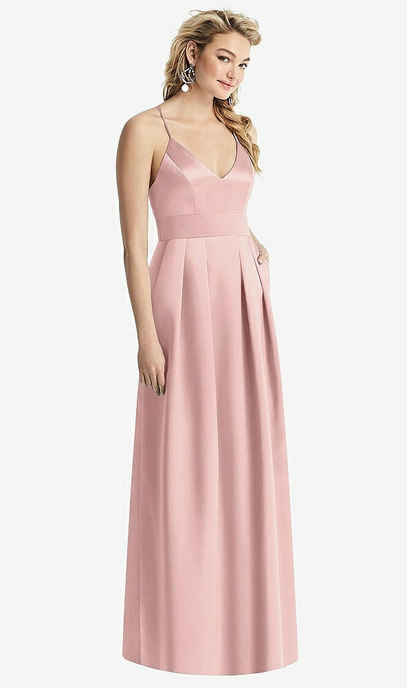 Front View - Rose - PANTONE Rose Quartz Pleated Skirt Satin Maxi Dress with Pockets