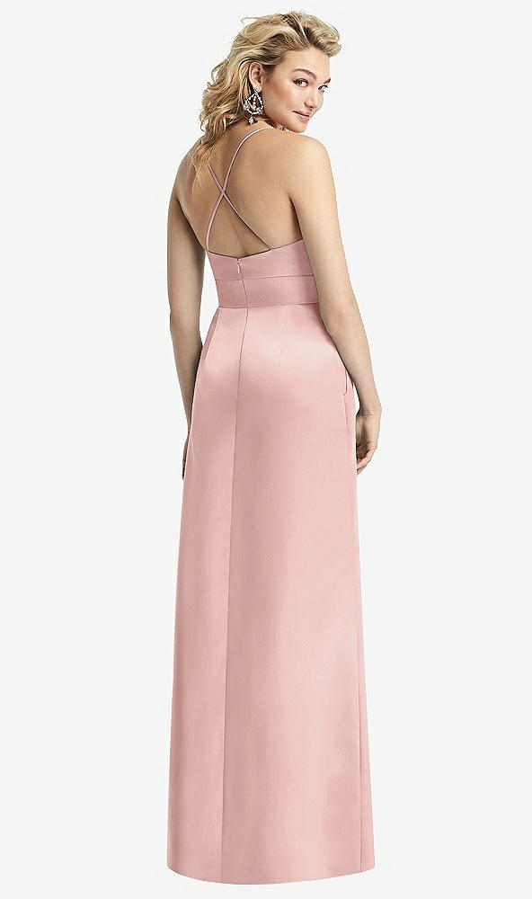 Back View - Rose - PANTONE Rose Quartz Pleated Skirt Satin Maxi Dress with Pockets