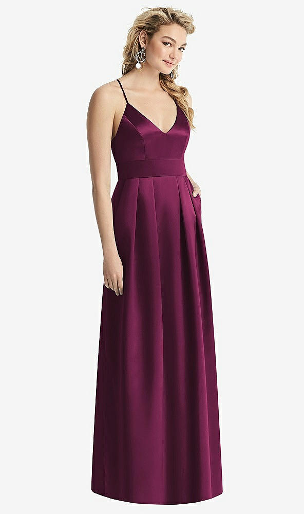 Front View - Ruby Pleated Skirt Satin Maxi Dress with Pockets