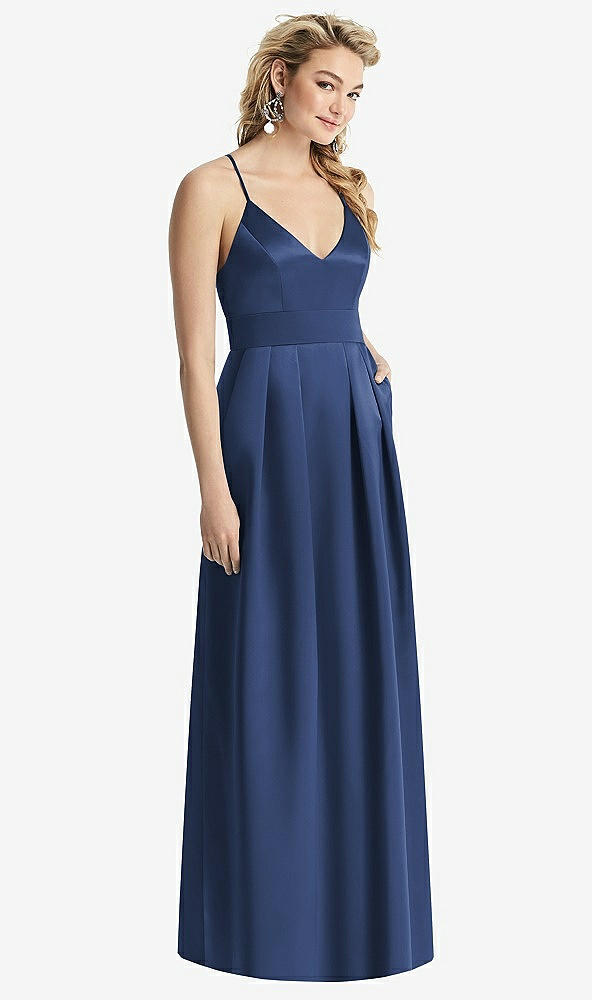 Front View - Sailor Pleated Skirt Satin Maxi Dress with Pockets