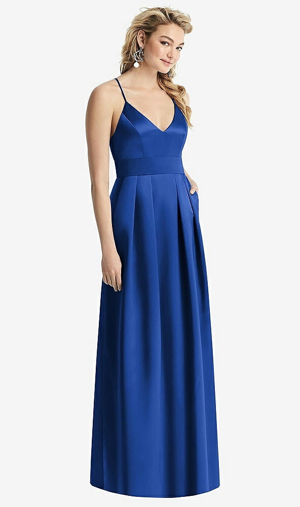 Front View - Sapphire Pleated Skirt Satin Maxi Dress with Pockets