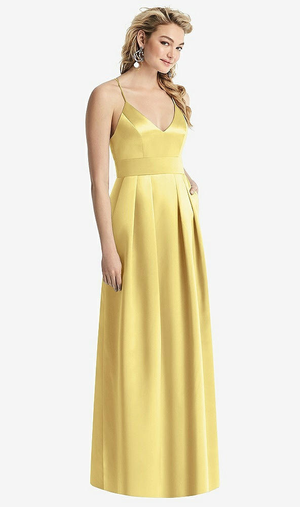 Front View - Sunflower Pleated Skirt Satin Maxi Dress with Pockets