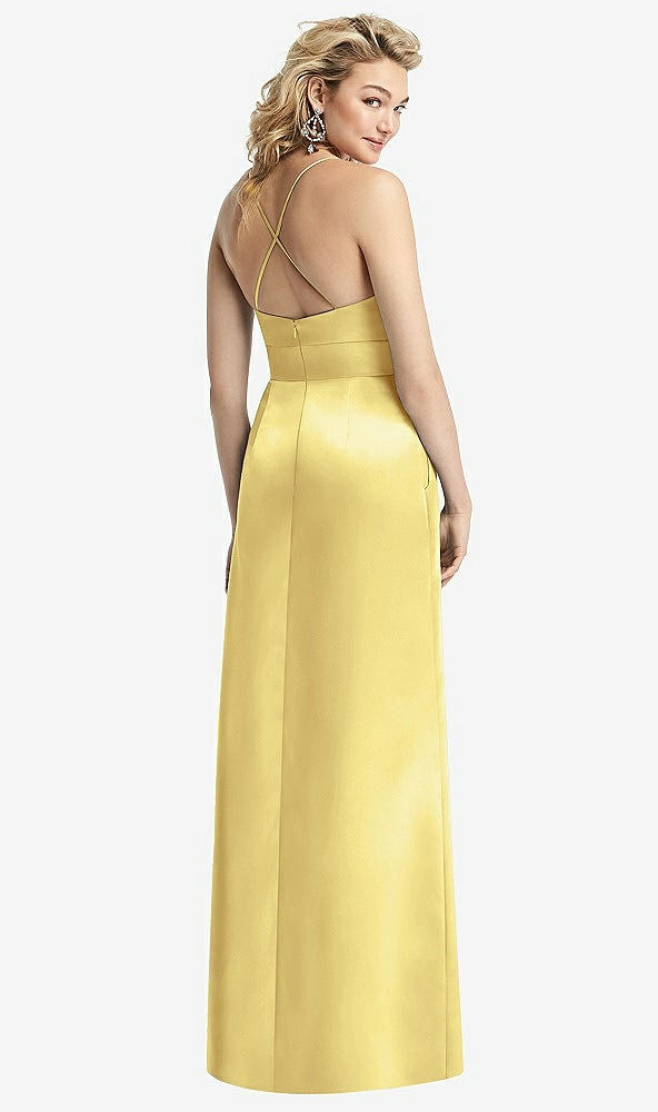 Back View - Sunflower Pleated Skirt Satin Maxi Dress with Pockets