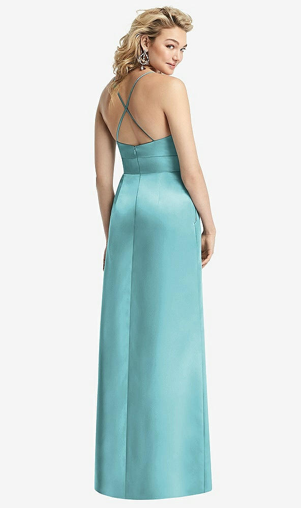 Back View - Spa Pleated Skirt Satin Maxi Dress with Pockets