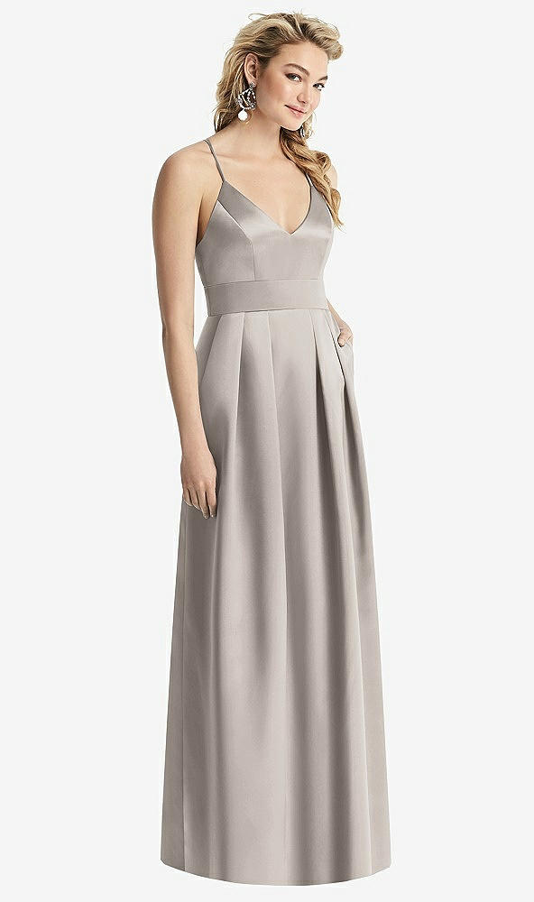 Front View - Taupe Pleated Skirt Satin Maxi Dress with Pockets