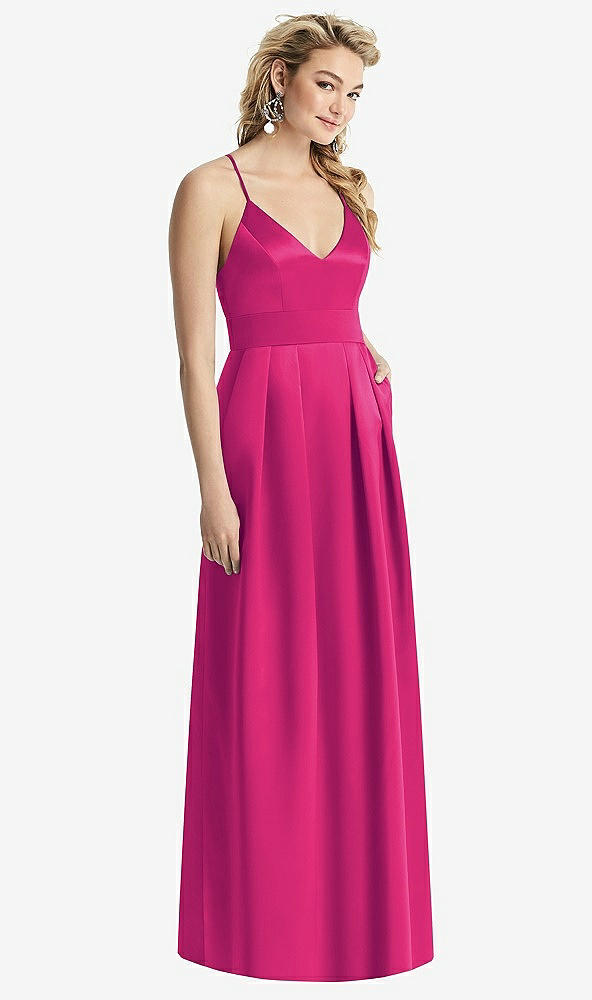 Front View - Think Pink Pleated Skirt Satin Maxi Dress with Pockets