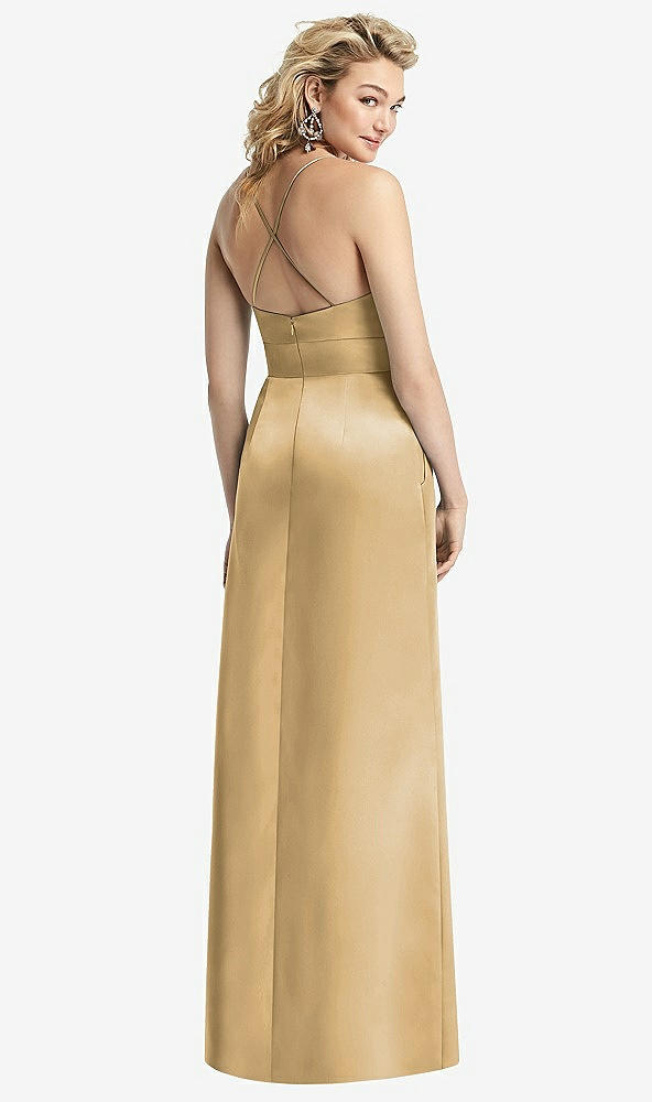 Back View - Venetian Gold Pleated Skirt Satin Maxi Dress with Pockets