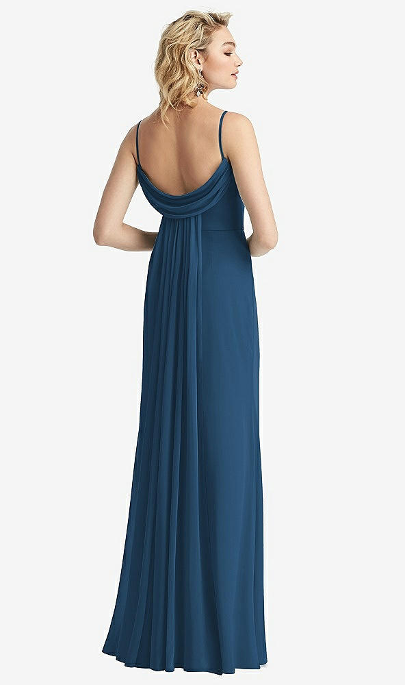 Front View - Dusk Blue Shirred Sash Cowl-Back Chiffon Trumpet Gown