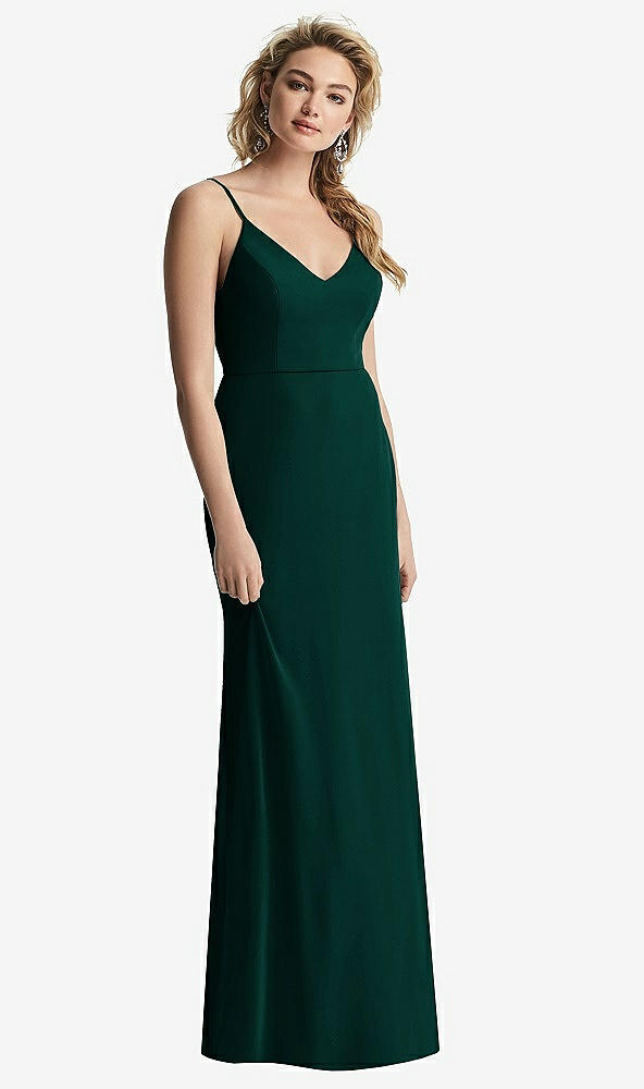 Back View - Evergreen Shirred Sash Cowl-Back Chiffon Trumpet Gown
