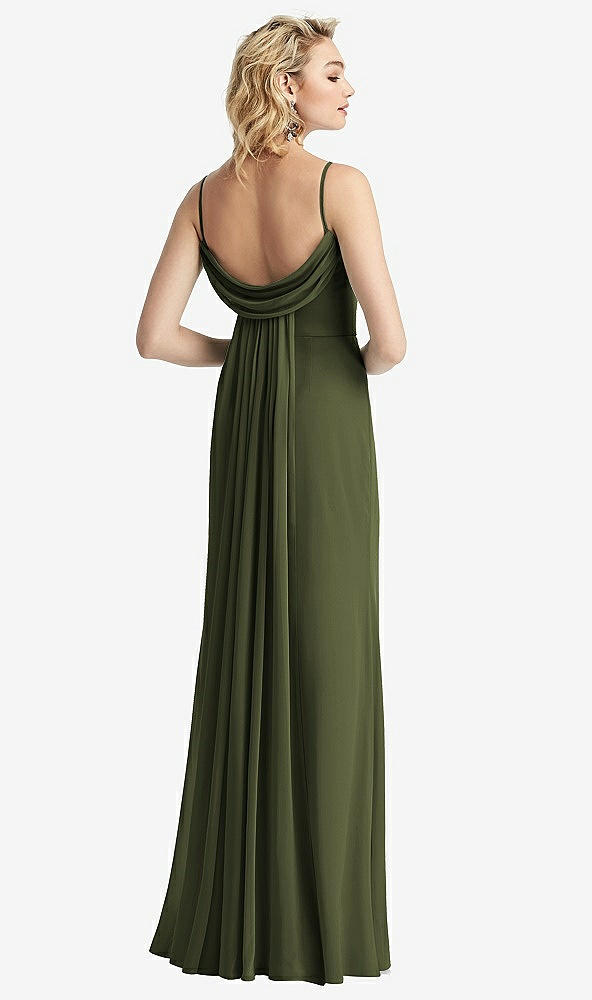 Front View - Olive Green Shirred Sash Cowl-Back Chiffon Trumpet Gown
