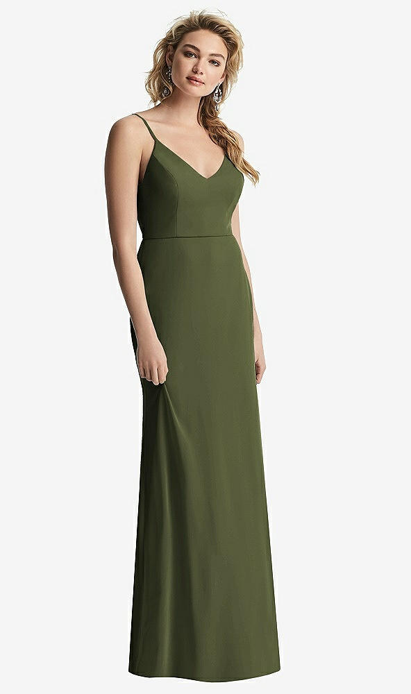 Back View - Olive Green Shirred Sash Cowl-Back Chiffon Trumpet Gown
