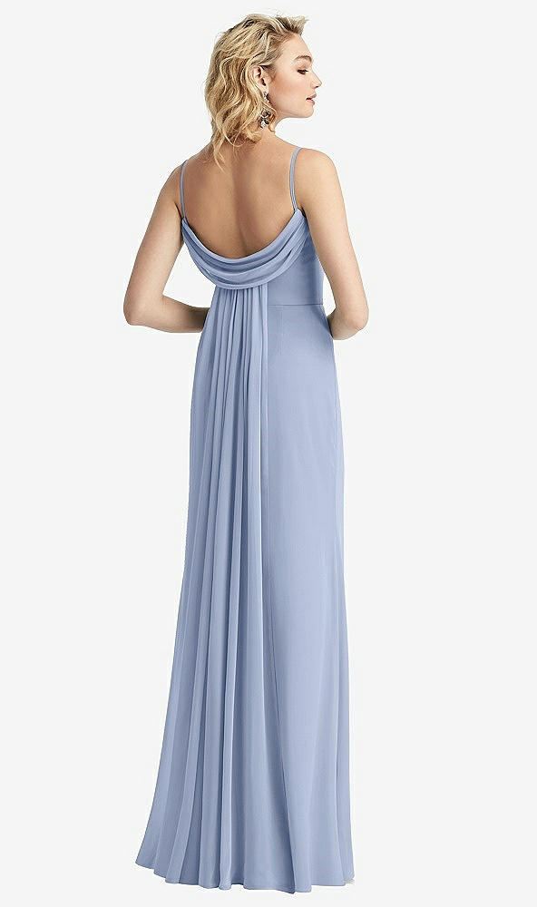 Front View - Sky Blue Shirred Sash Cowl-Back Chiffon Trumpet Gown