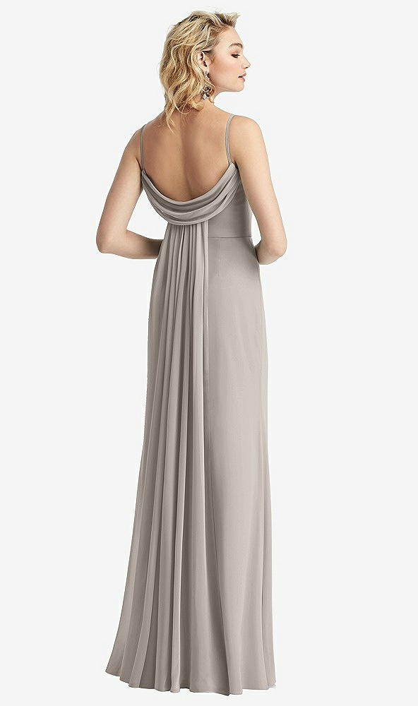 Front View - Taupe Shirred Sash Cowl-Back Chiffon Trumpet Gown