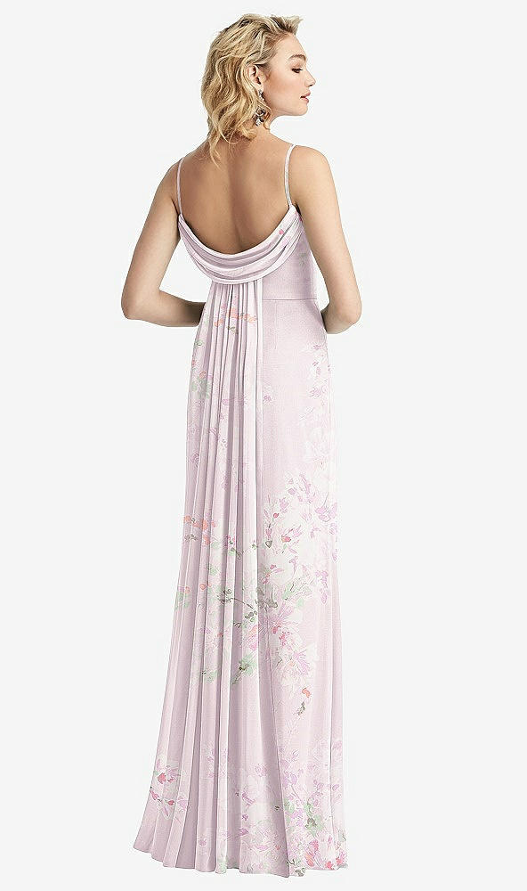 Front View - Watercolor Print Shirred Sash Cowl-Back Chiffon Trumpet Gown