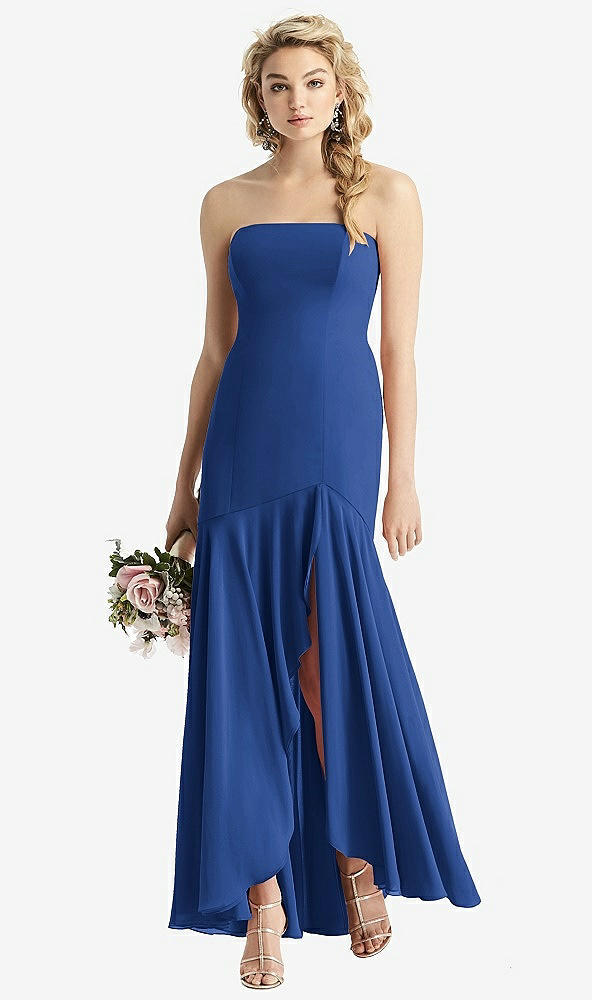 Front View - Classic Blue Strapless Sheer Crepe High-Low Dress