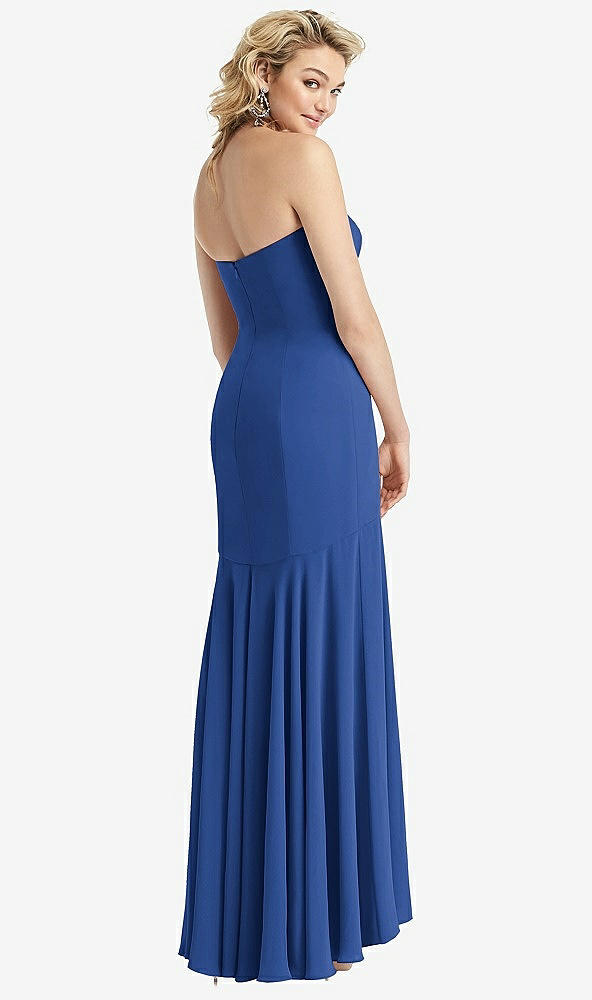 Back View - Classic Blue Strapless Sheer Crepe High-Low Dress