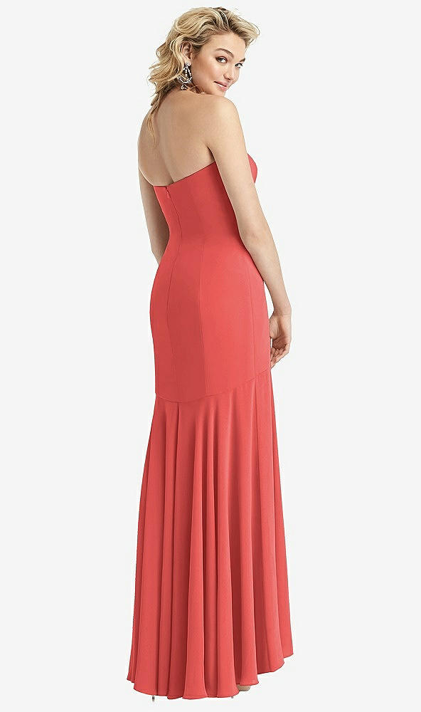 Back View - Perfect Coral Strapless Sheer Crepe High-Low Dress
