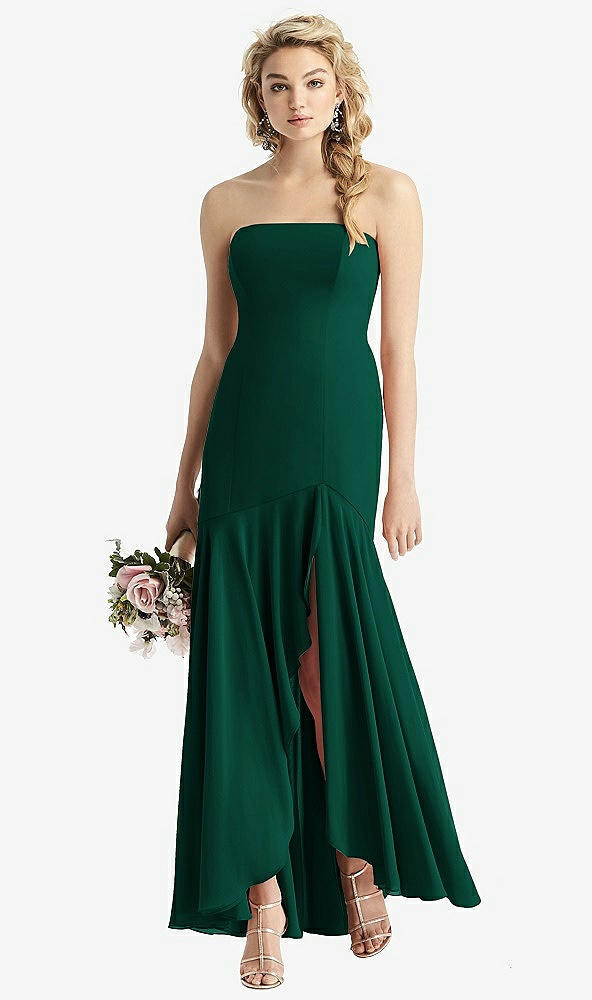 Front View - Hunter Green Strapless Sheer Crepe High-Low Dress