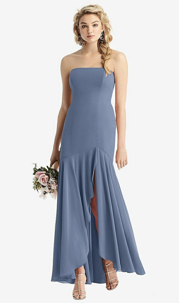 Front View - Larkspur Blue Strapless Sheer Crepe High-Low Dress