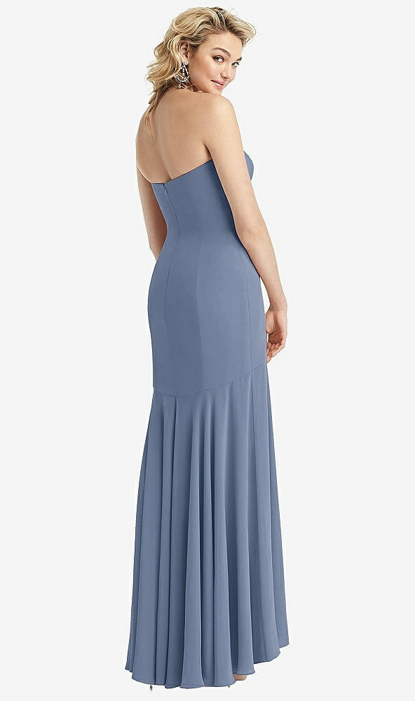 Back View - Larkspur Blue Strapless Sheer Crepe High-Low Dress