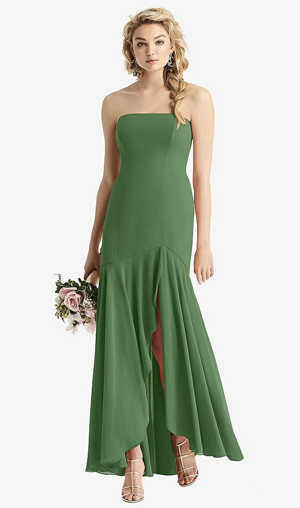 Front View - Vineyard Green Strapless Sheer Crepe High-Low Dress