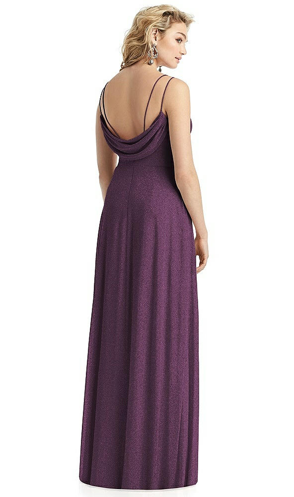 Back View - Aubergine Silver Shimmer Side Slit Cowl-Back Gown