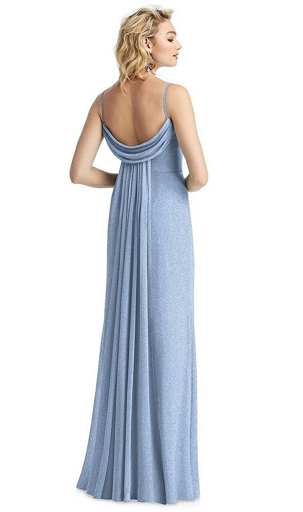 Back View - Cloudy Silver V-Neck Cowl-Back Shimmer Trumpet Gown