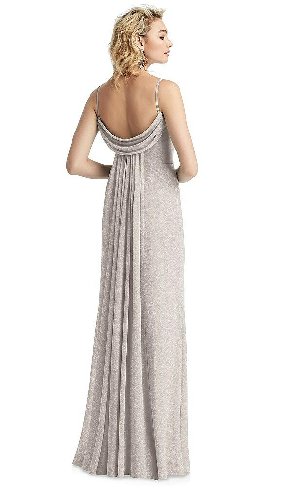 Back View - Taupe Silver V-Neck Cowl-Back Shimmer Trumpet Gown