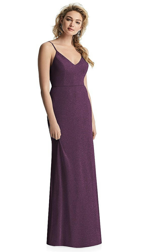 Front View - Aubergine Silver V-Neck Cowl-Back Shimmer Trumpet Gown