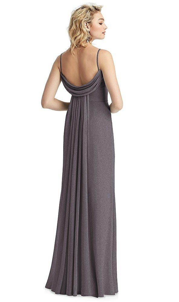 Back View - Stormy Silver V-Neck Cowl-Back Shimmer Trumpet Gown