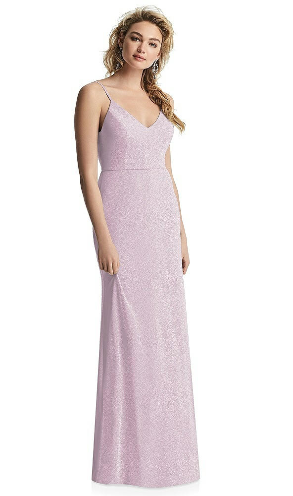 Front View - Suede Rose Silver V-Neck Cowl-Back Shimmer Trumpet Gown