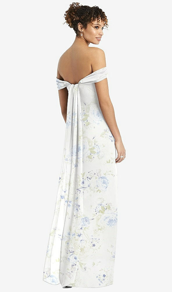 Back View - Bleu Garden Draped Off-the-Shoulder Maxi Dress with Shirred Streamer