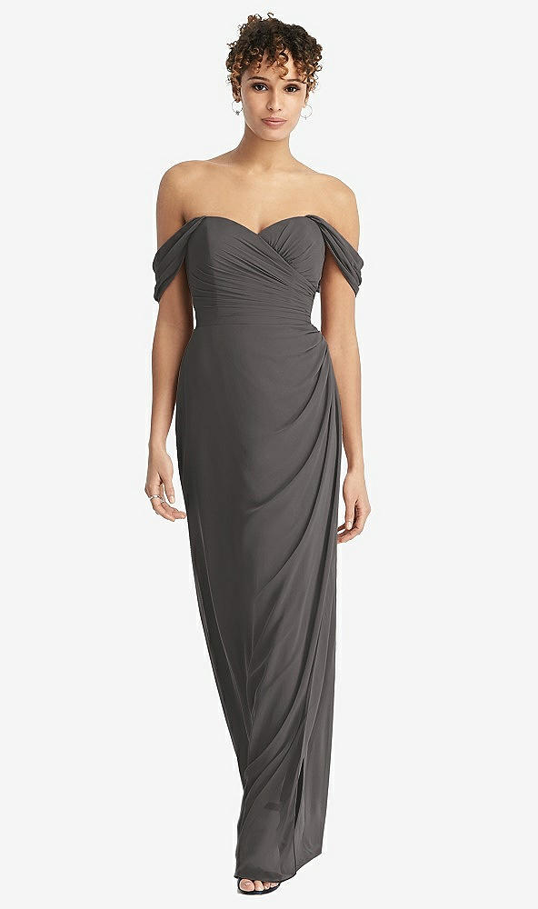 Front View - Caviar Gray Draped Off-the-Shoulder Maxi Dress with Shirred Streamer
