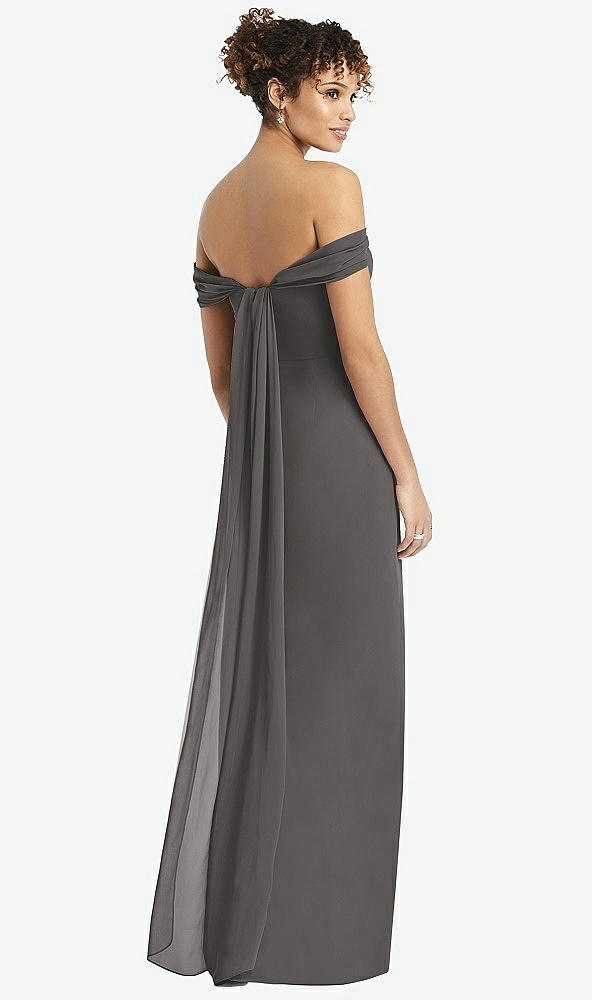 Back View - Caviar Gray Draped Off-the-Shoulder Maxi Dress with Shirred Streamer