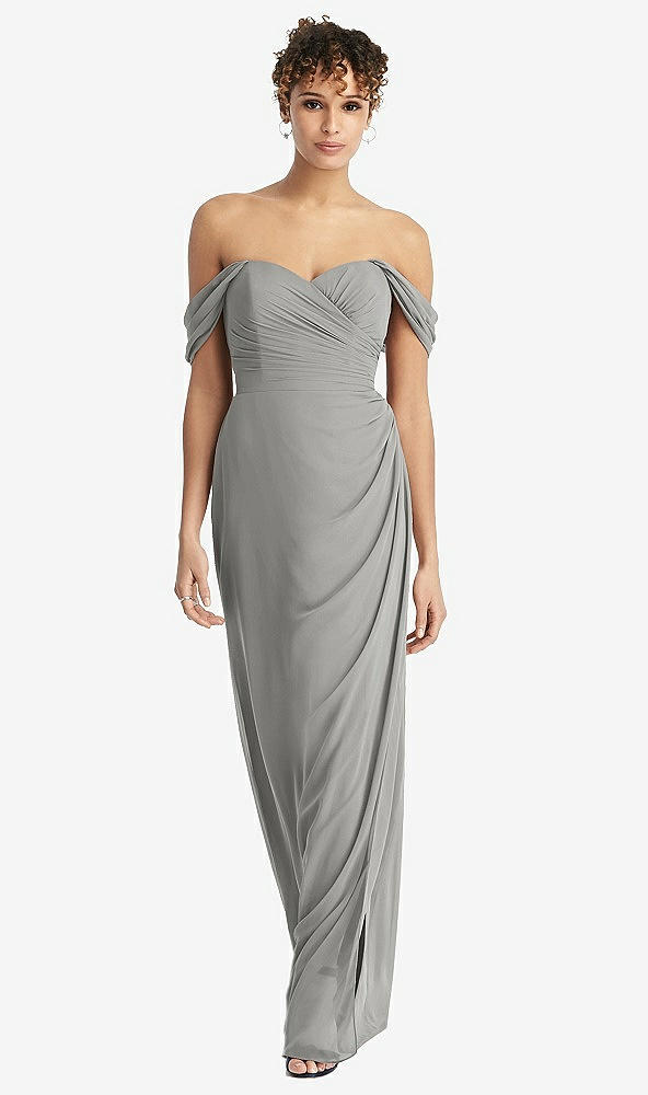 Front View - Chelsea Gray Draped Off-the-Shoulder Maxi Dress with Shirred Streamer