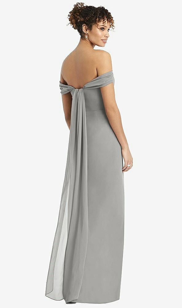 Back View - Chelsea Gray Draped Off-the-Shoulder Maxi Dress with Shirred Streamer