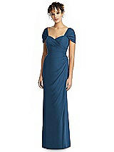 Alt View 1 Thumbnail - Dusk Blue Draped Off-the-Shoulder Maxi Dress with Shirred Streamer