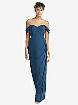 Front View Thumbnail - Dusk Blue Draped Off-the-Shoulder Maxi Dress with Shirred Streamer