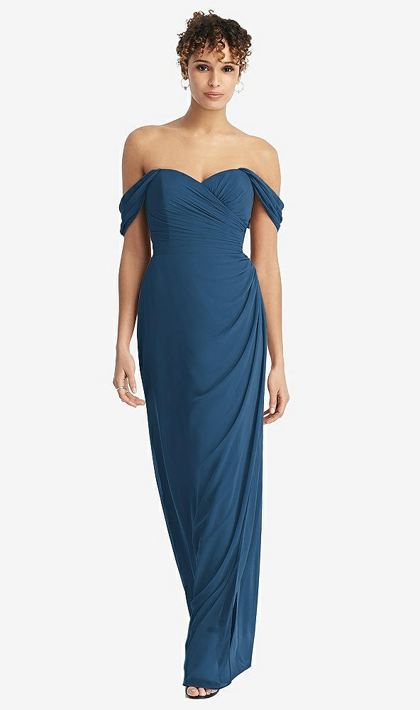 Front View - Dusk Blue Draped Off-the-Shoulder Maxi Dress with Shirred Streamer