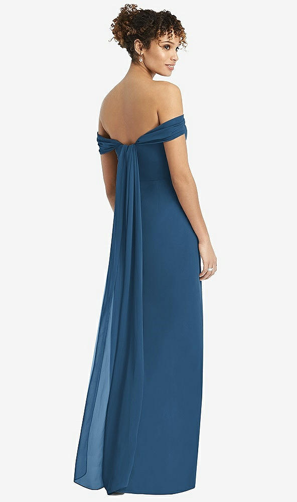 Back View - Dusk Blue Draped Off-the-Shoulder Maxi Dress with Shirred Streamer