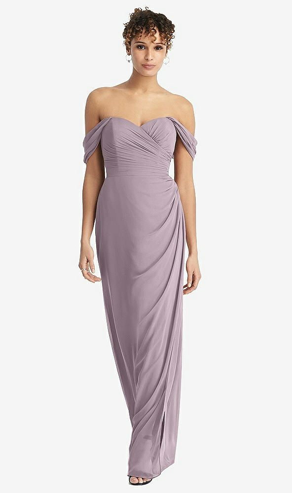 Front View - Lilac Dusk Draped Off-the-Shoulder Maxi Dress with Shirred Streamer