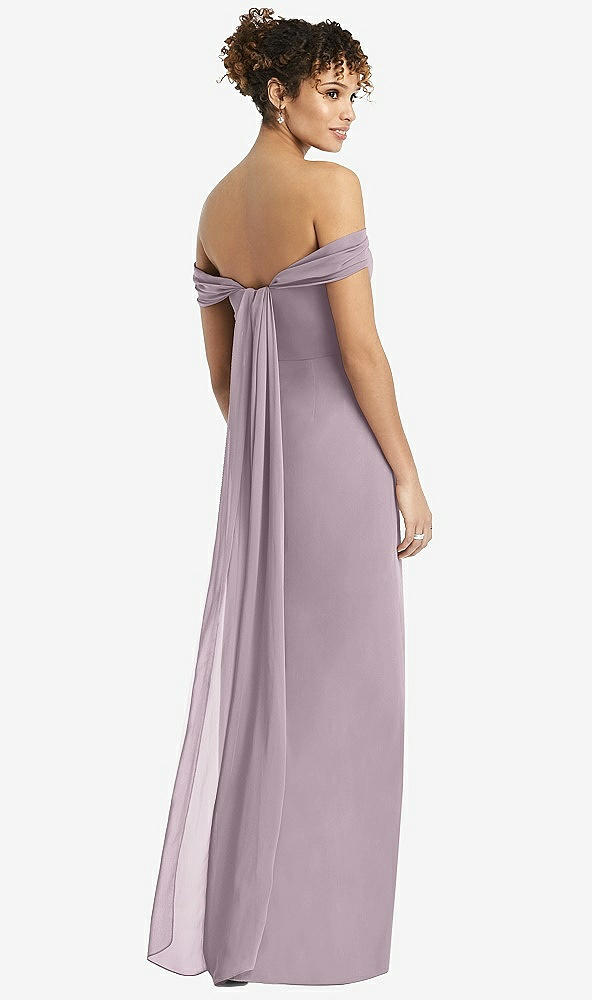 Back View - Lilac Dusk Draped Off-the-Shoulder Maxi Dress with Shirred Streamer