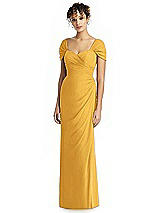 Alt View 1 Thumbnail - NYC Yellow Draped Off-the-Shoulder Maxi Dress with Shirred Streamer