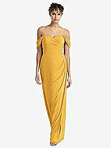 Front View Thumbnail - NYC Yellow Draped Off-the-Shoulder Maxi Dress with Shirred Streamer