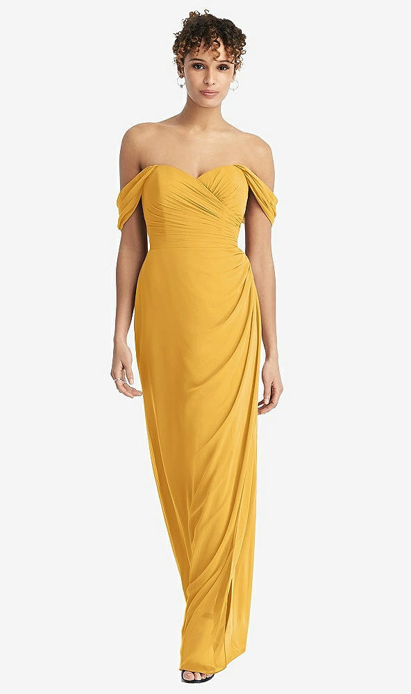 Front View - NYC Yellow Draped Off-the-Shoulder Maxi Dress with Shirred Streamer