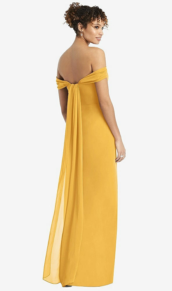 Back View - NYC Yellow Draped Off-the-Shoulder Maxi Dress with Shirred Streamer
